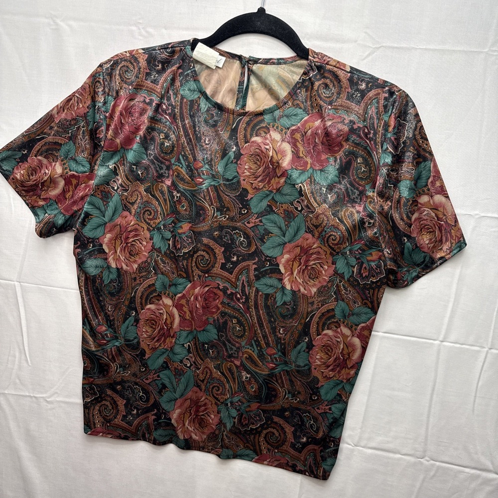 Vintage Dina Ariel Women Floral Shiny Short Sleeve Blouse Top Shirt Size M
